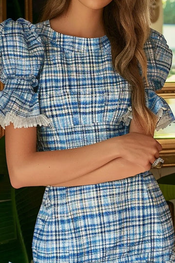 Tight Plaid Blue Puff Sleeve Mini Dress with Ruffles